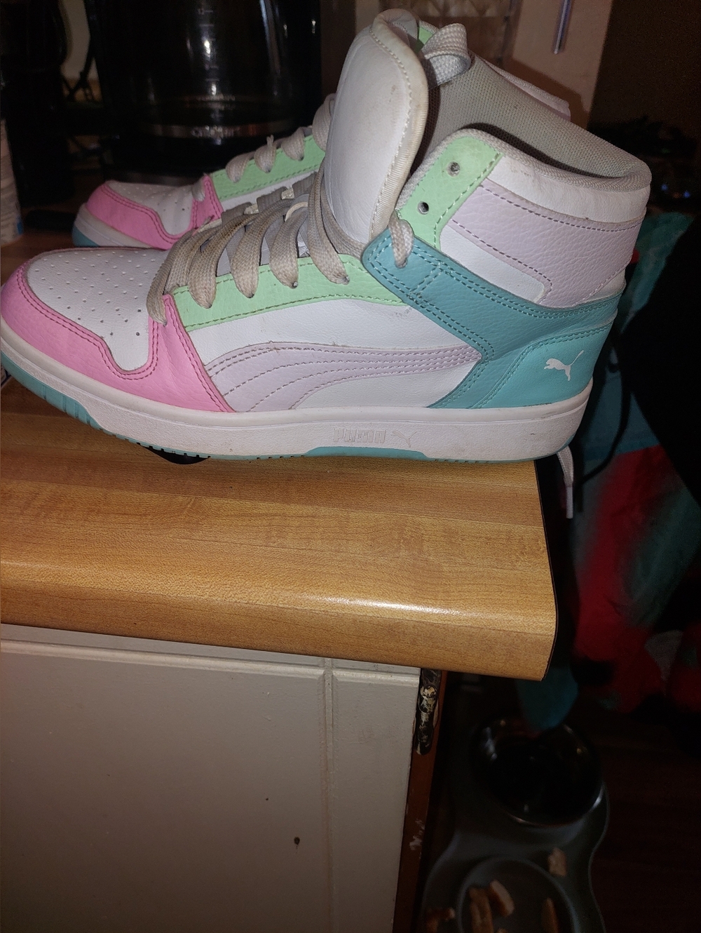 Puma High-Top Sneakers in White with Pink, Mint & Aqua